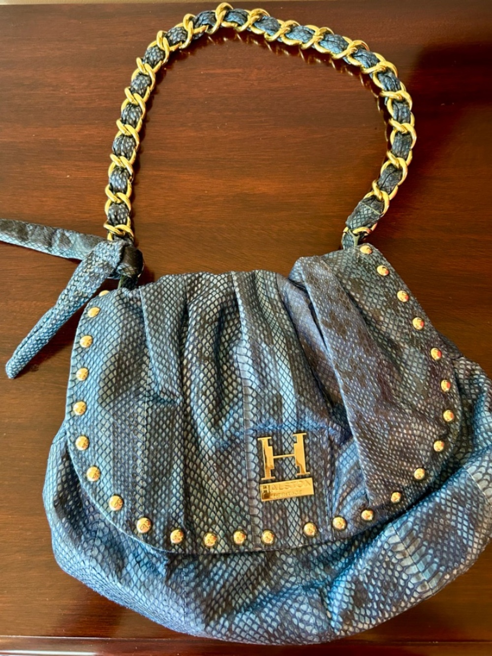 Halston Heritage Blue Snakeskin Embossed Leather Hobo Bag